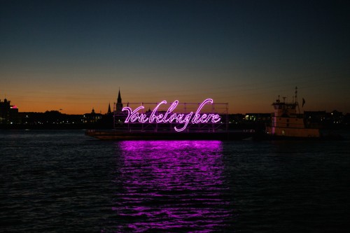 Tavares Strachan. You belong here, 2014. Blocked out Neon, 30 x 80 ft. Courtesy of the artist. This project has been made possible, in part, by Canal Barge Company, Inc.